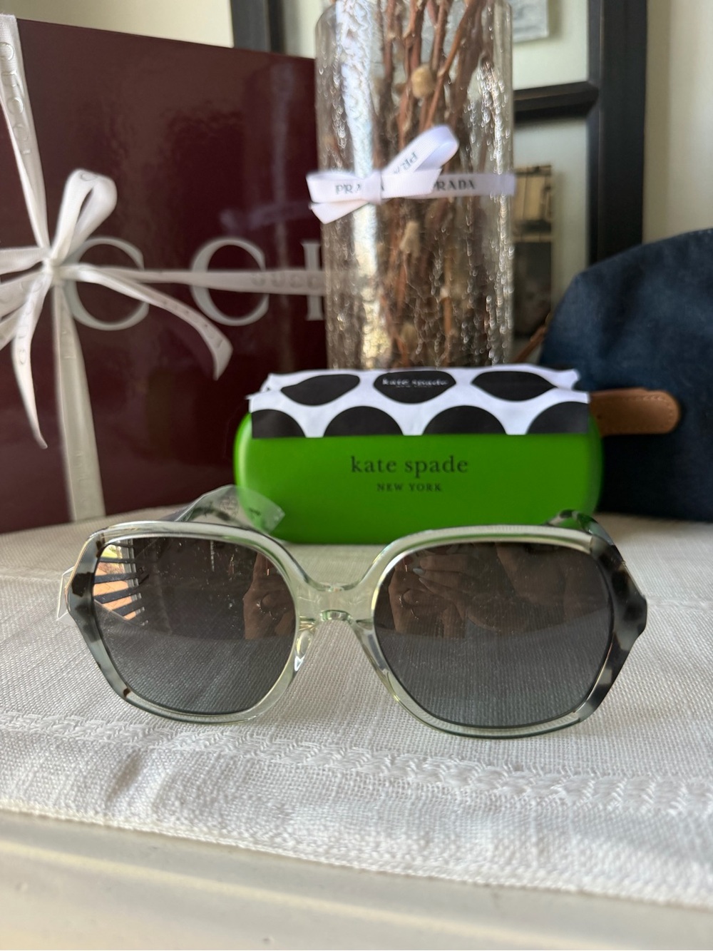 kate spade translucent green frame sunglasses with gray gradient lenses